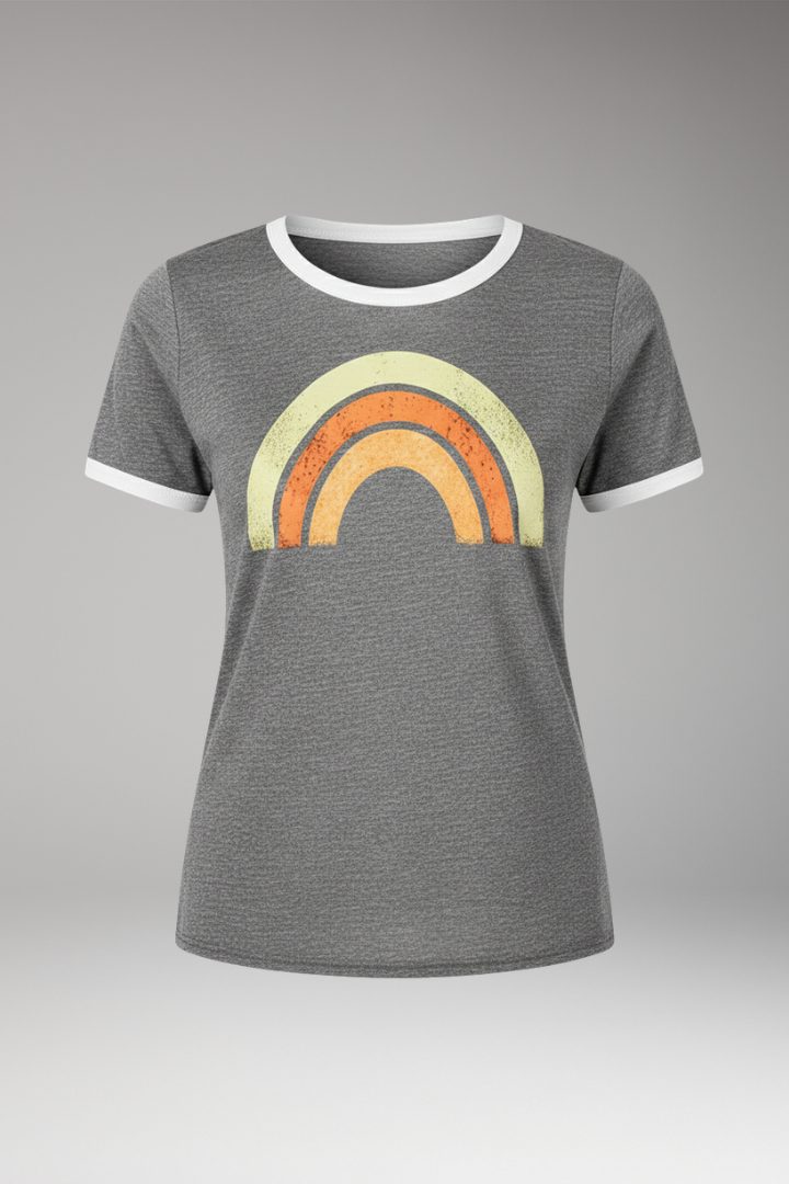 Women's Graphic T-shirt with Short Sleeves and Rainbow Design