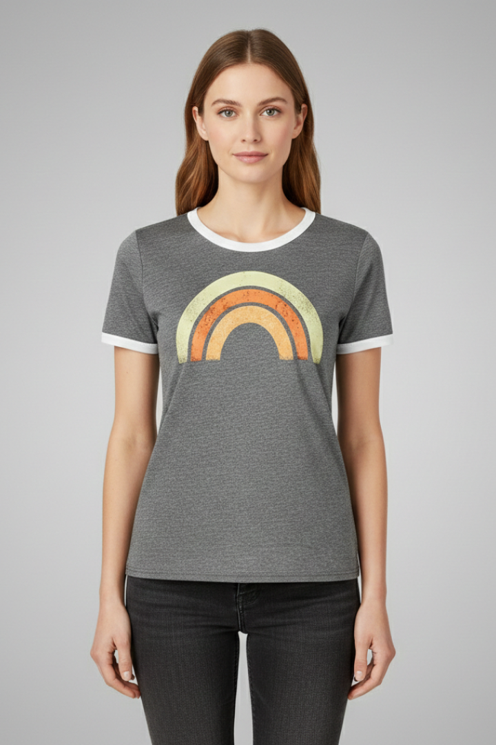 Women's Graphic T-shirt with Short Sleeves and Rainbow Design