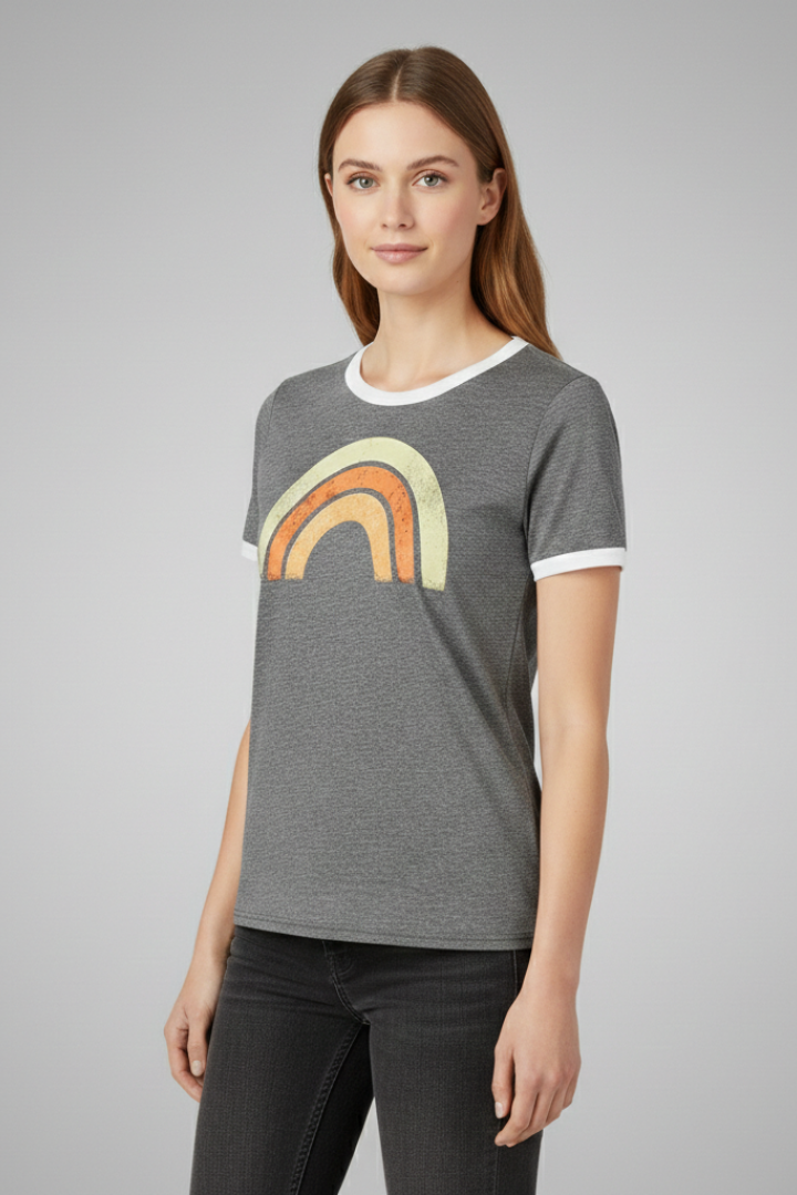Women's Graphic T-shirt with Short Sleeves and Rainbow Design