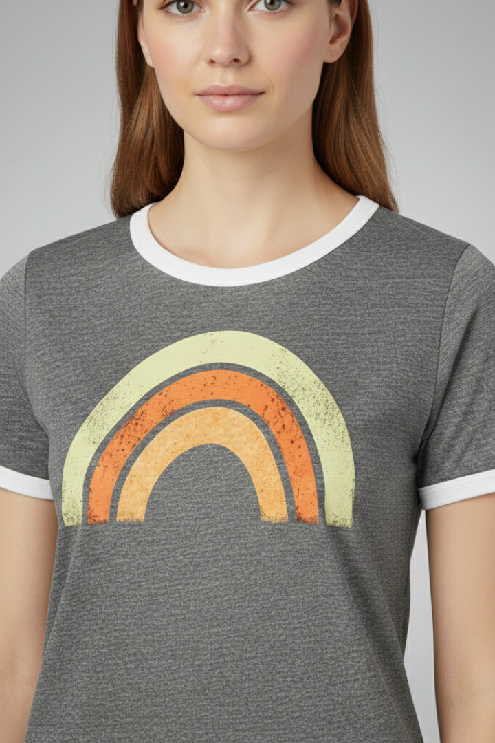 Women's Graphic T-shirt with Short Sleeves and Rainbow Design