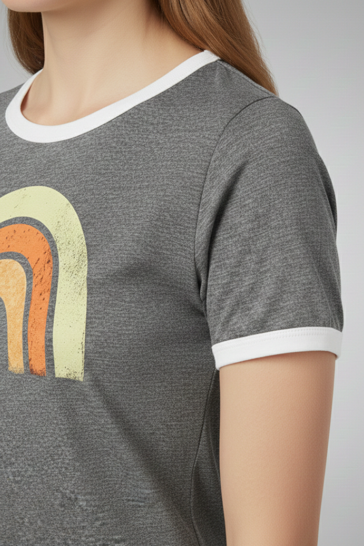 Women's Graphic T-shirt with Short Sleeves and Rainbow Design