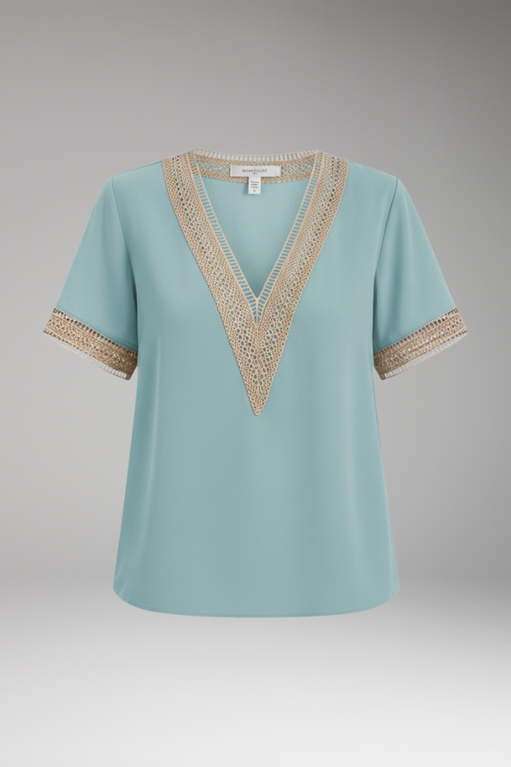 Women's Lace Blouse with V-Neck and Short Sleeves