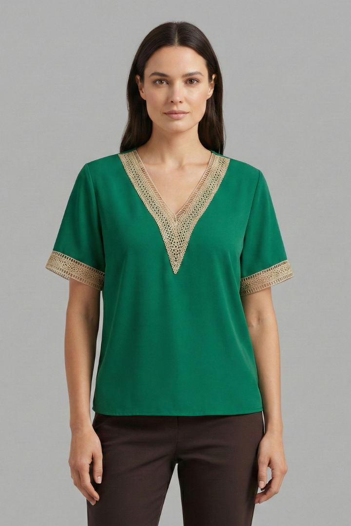 Women's Lace Blouse with V-Neck and Short Sleeves