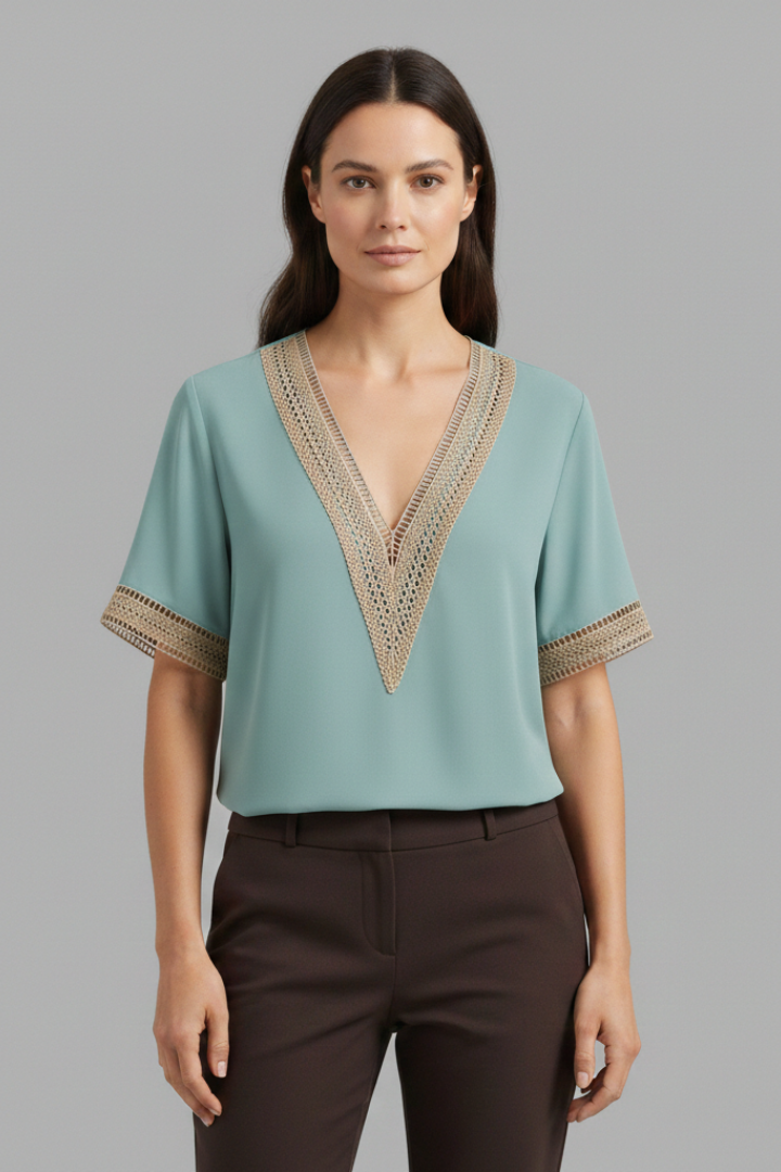 Women's Lace Blouse with V-Neck and Short Sleeves