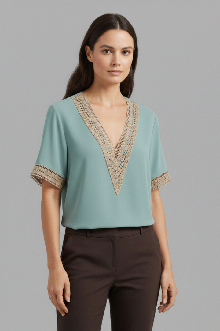 Women's Lace Blouse with V-Neck and Short Sleeves
