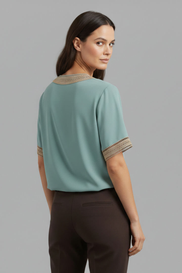 Women's Lace Blouse with V-Neck and Short Sleeves