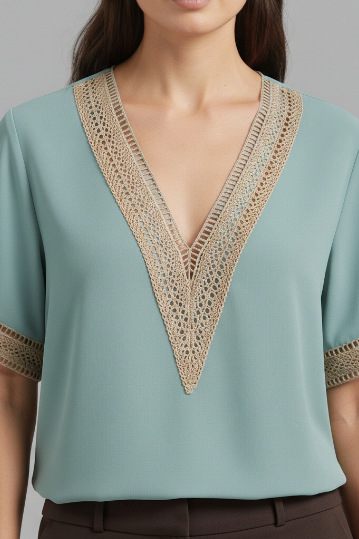 Women's Lace Blouse with V-Neck and Short Sleeves