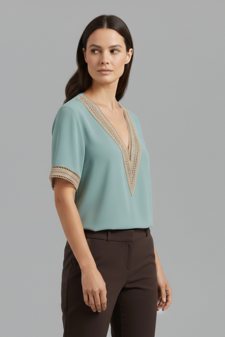Women's Lace Blouse with V-Neck and Short Sleeves