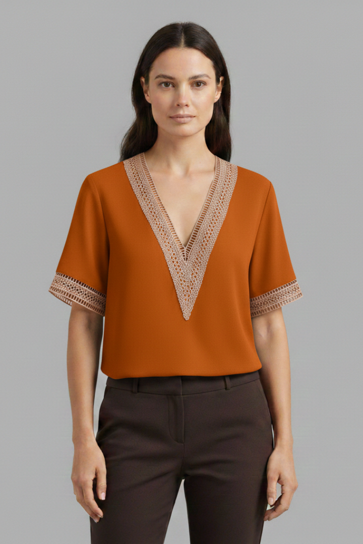 Women's Lace Blouse with V-Neck and Short Sleeves