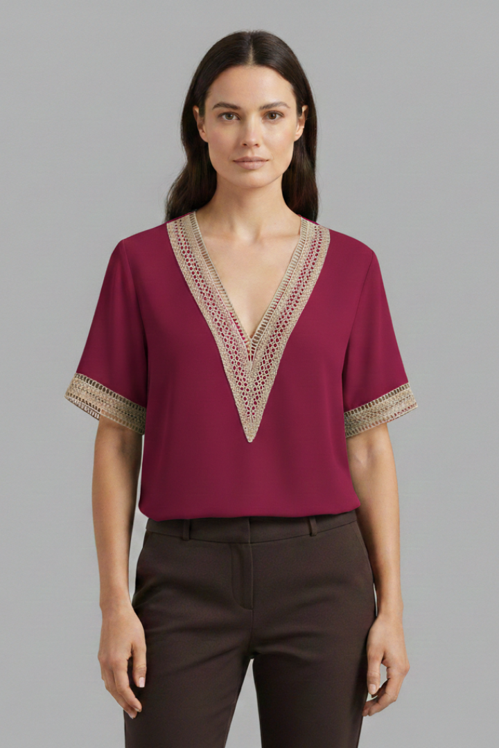 Women's Lace Blouse with V-Neck and Short Sleeves