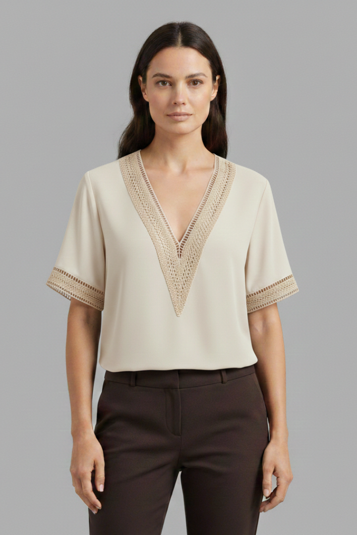 Women's Lace Blouse with V-Neck and Short Sleeves