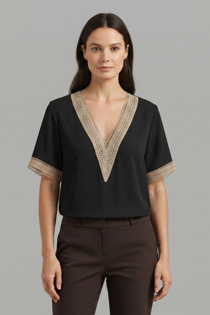 Women's Lace Blouse with V-Neck and Short Sleeves