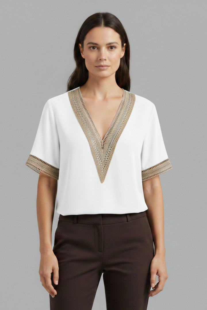 Women's Lace Blouse with V-Neck and Short Sleeves