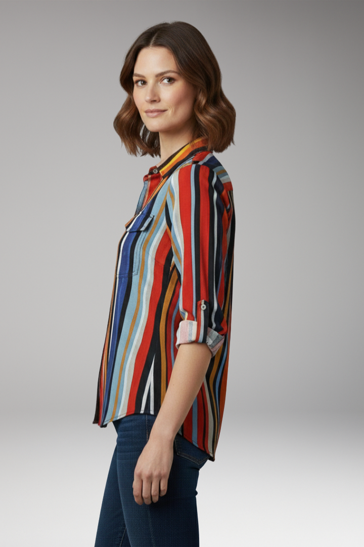 Women’s Loose-Fit Shirt with Button Placket and Vertical Stripes