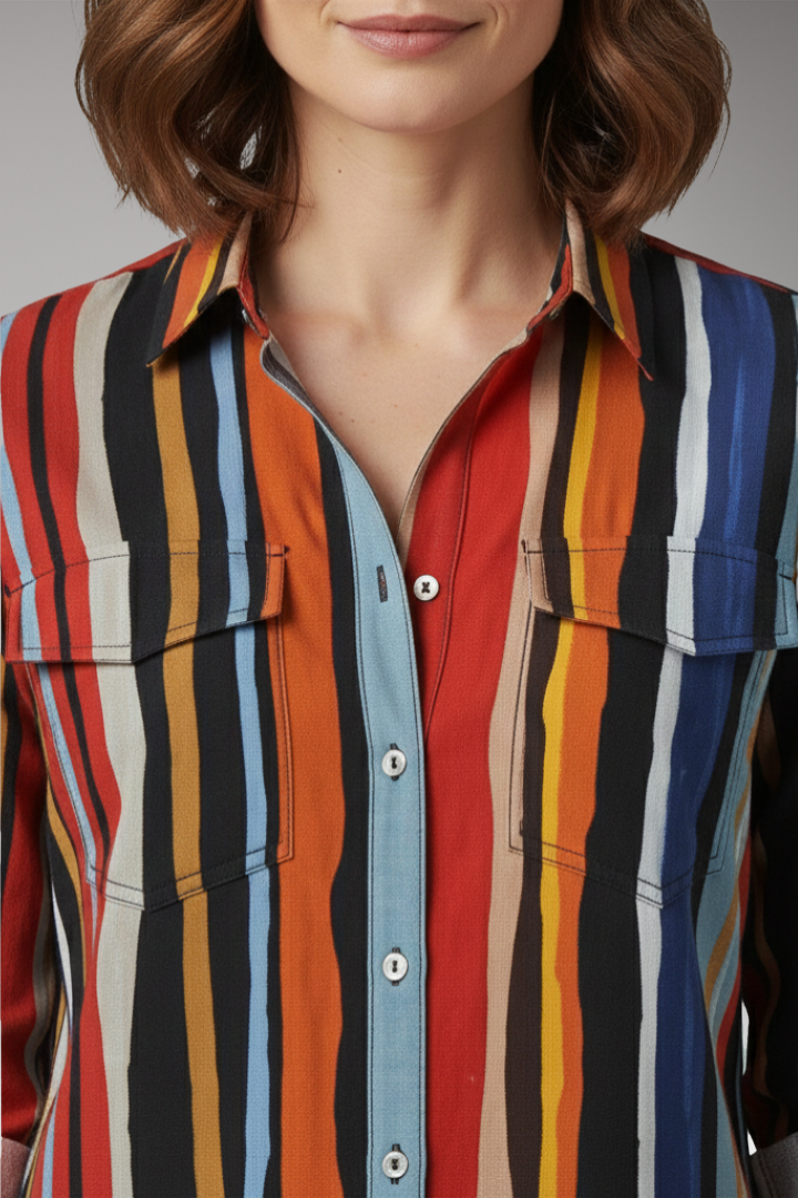 Women’s Loose-Fit Shirt with Button Placket and Vertical Stripes