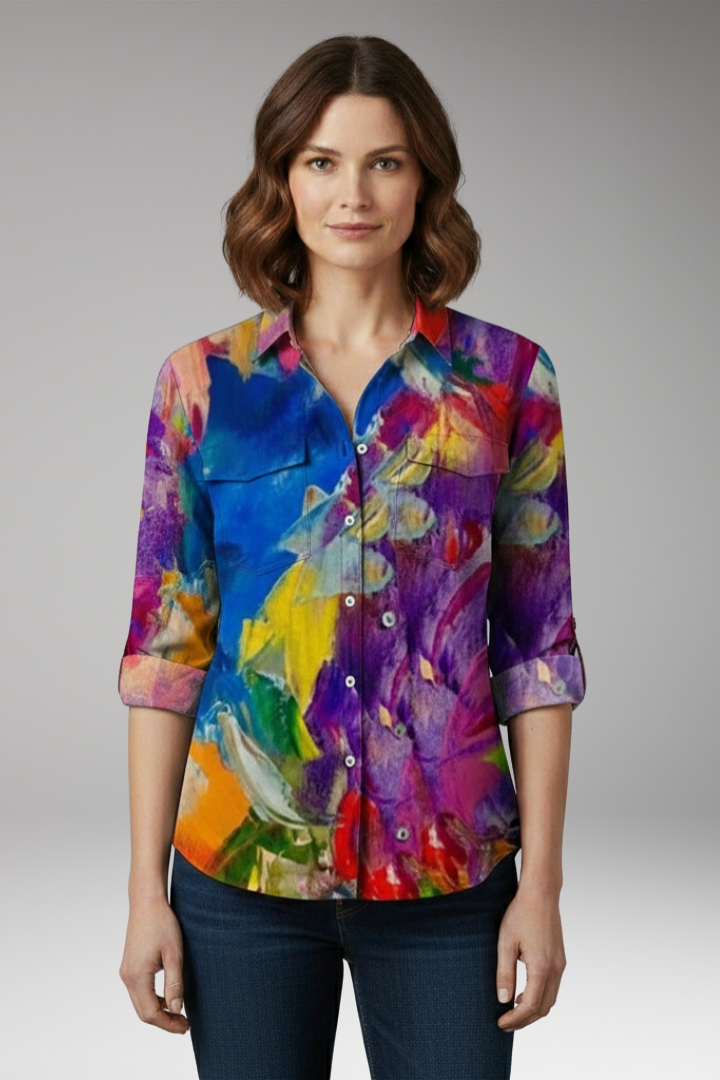 Women’s Loose-Fit Shirt with Button Placket and Vertical Stripes