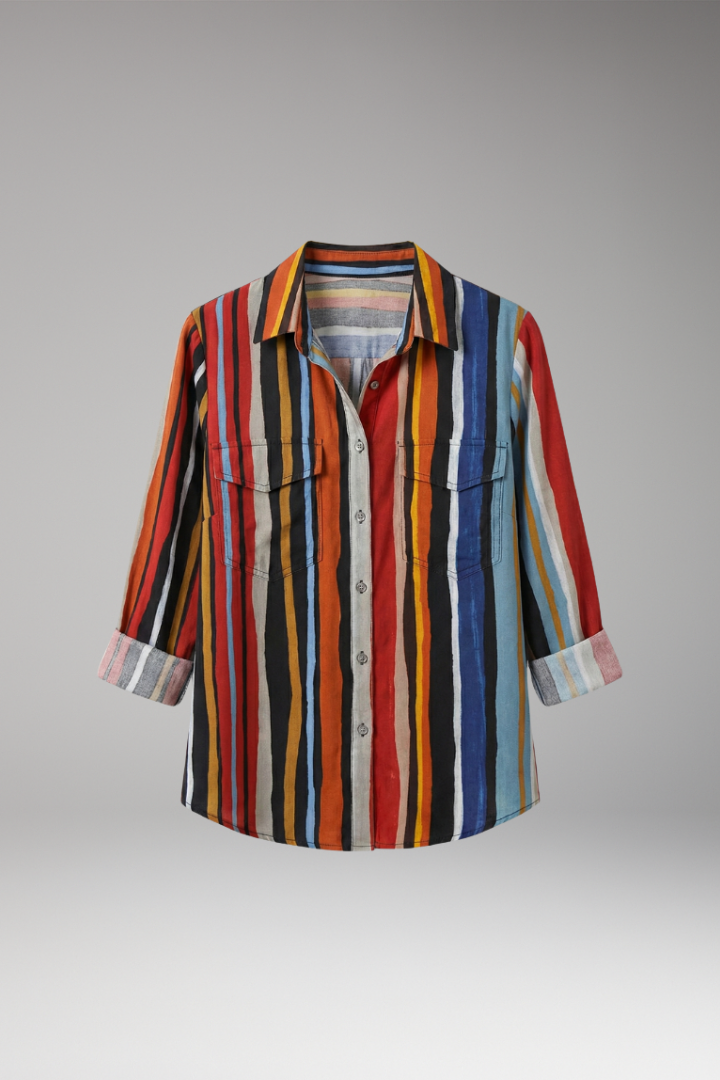 Women’s Loose-Fit Shirt with Button Placket and Vertical Stripes