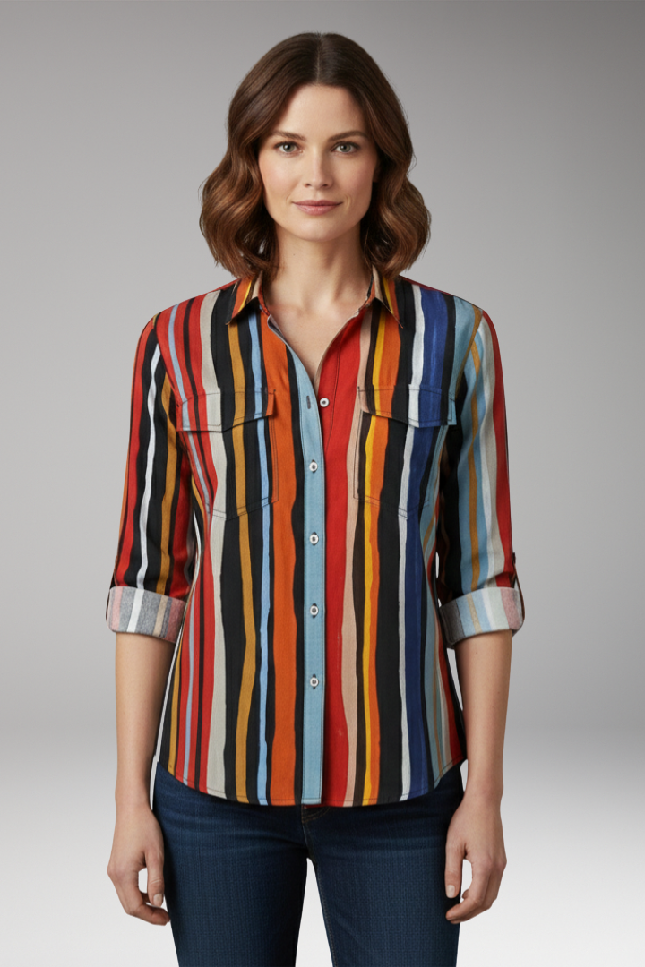 Women’s Loose-Fit Shirt with Button Placket and Vertical Stripes