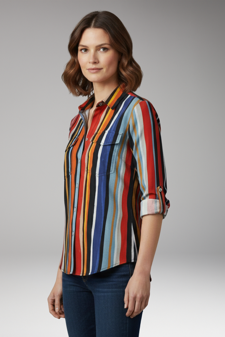 Women’s Loose-Fit Shirt with Button Placket and Vertical Stripes