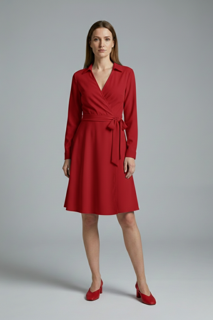 Women's Midi Blouse with V-Neck, Long Sleeves, and Flowing Bow Pockets
