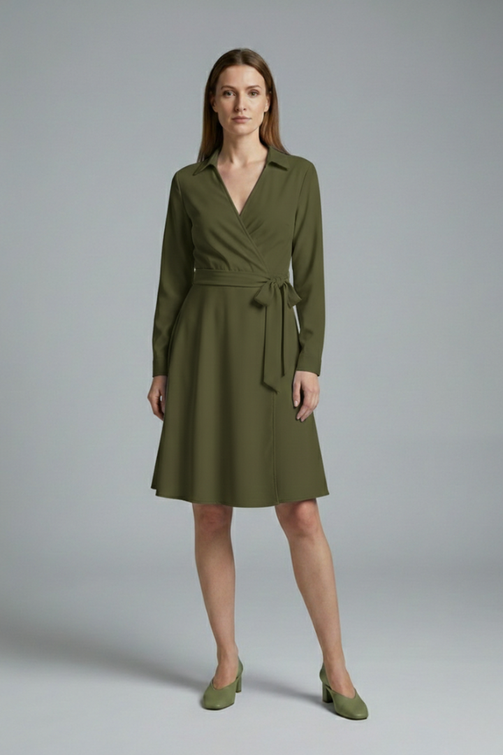 Women's Midi Blouse with V-Neck, Long Sleeves, and Flowing Bow Pockets
