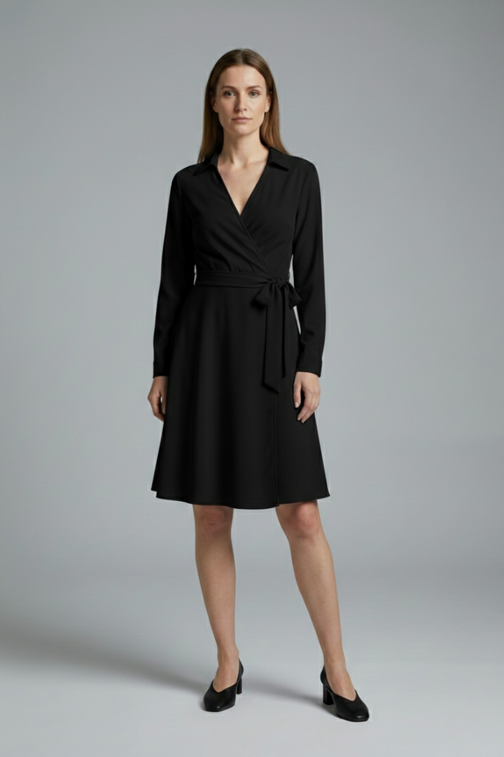 Women's Midi Blouse with V-Neck, Long Sleeves, and Flowing Bow Pockets