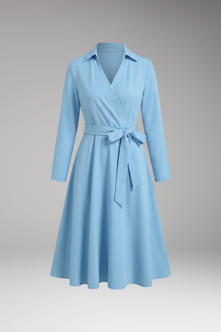 Women's Midi Blouse with V-Neck, Long Sleeves, and Flowing Bow Pockets