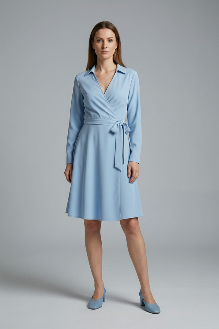 Women's Midi Blouse with V-Neck, Long Sleeves, and Flowing Bow Pockets