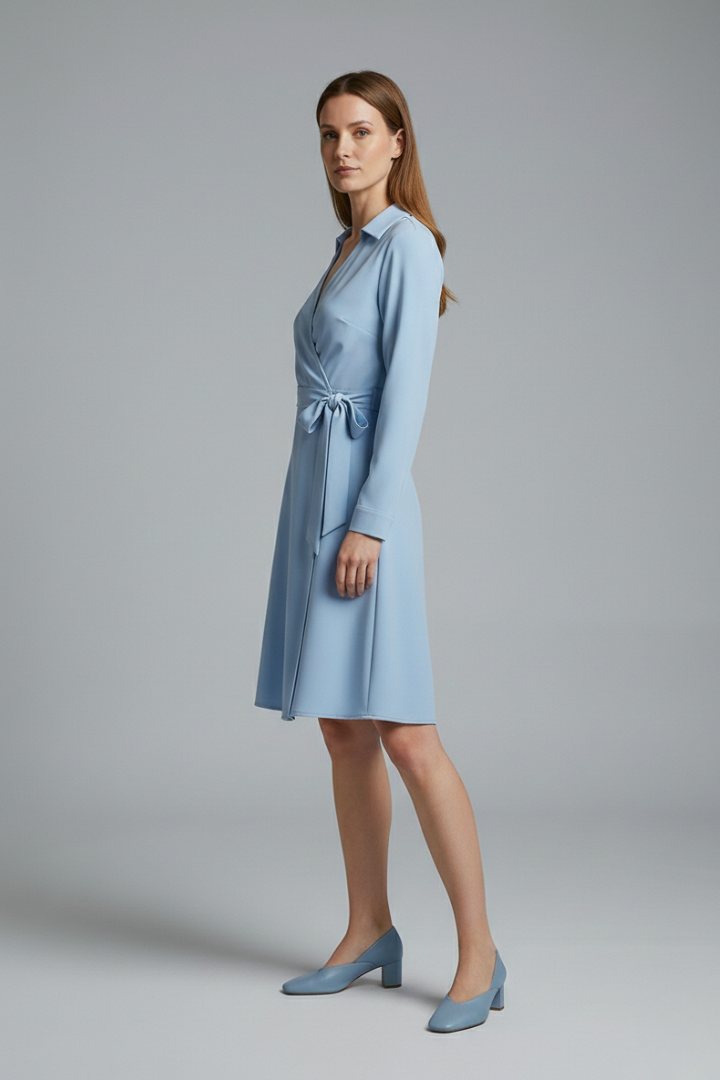 Women's Midi Blouse with V-Neck, Long Sleeves, and Flowing Bow Pockets