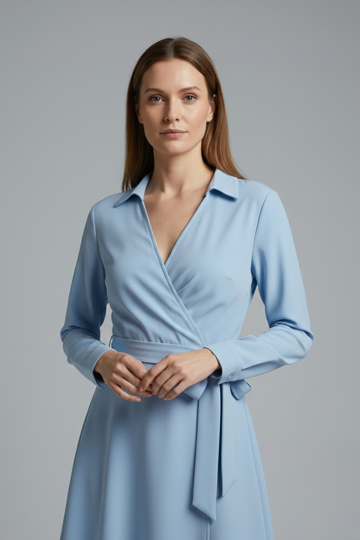 Women's Midi Blouse with V-Neck, Long Sleeves, and Flowing Bow Pockets