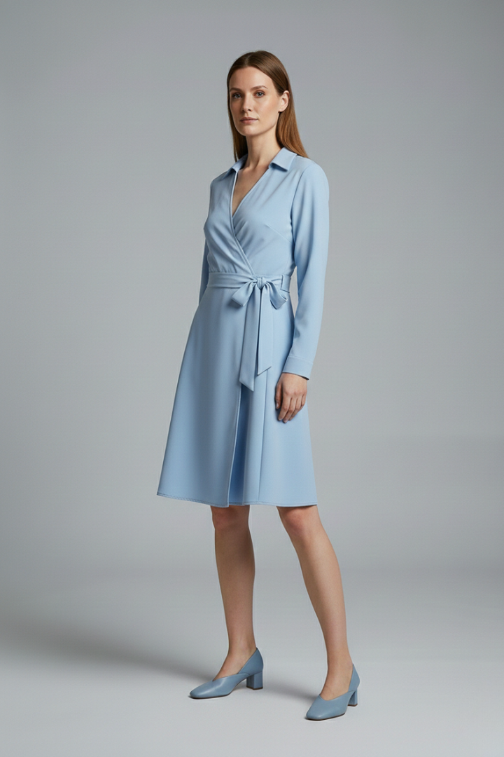 Women's Midi Blouse with V-Neck, Long Sleeves, and Flowing Bow Pockets