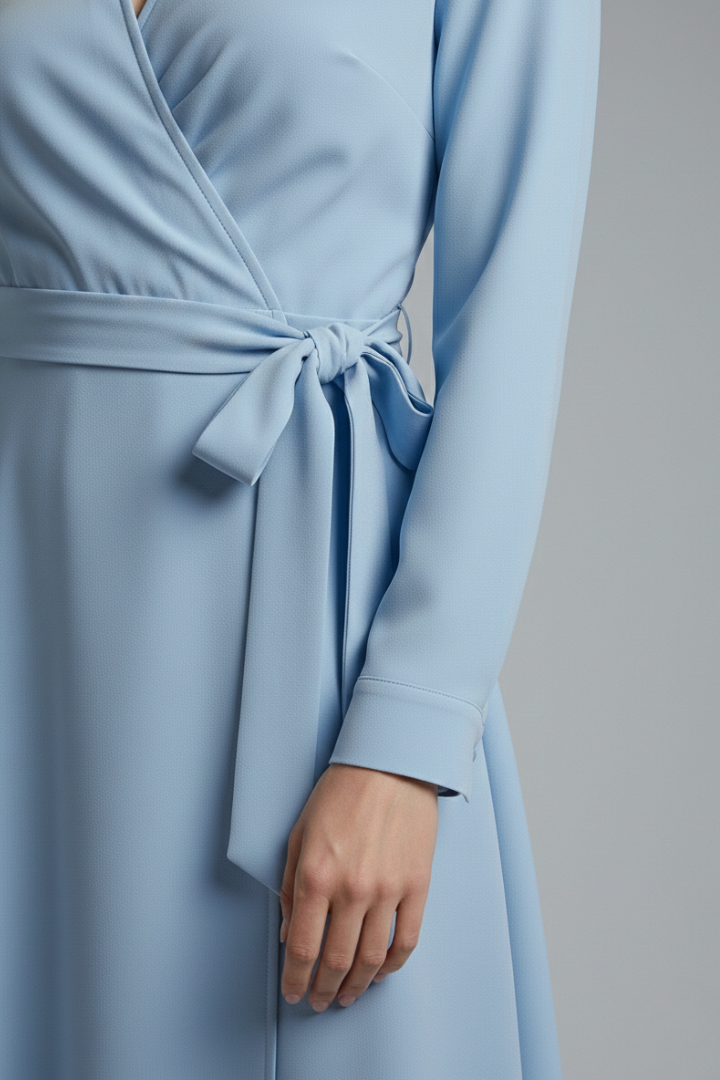 Women's Midi Blouse with V-Neck, Long Sleeves, and Flowing Bow Pockets