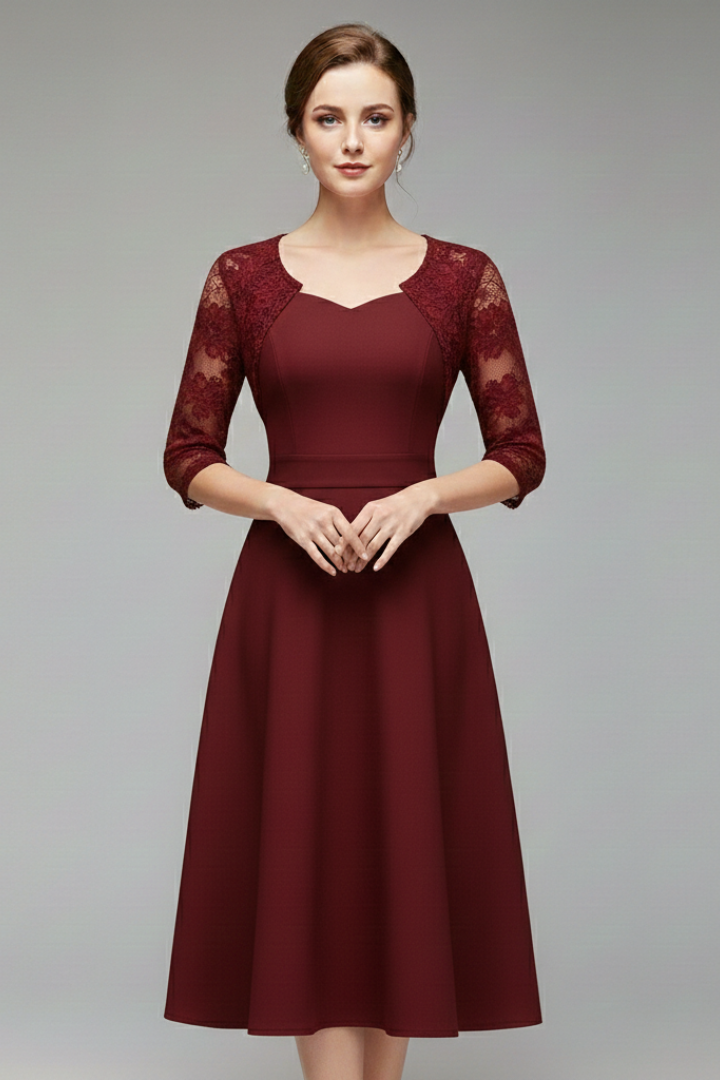 Women's Midi Dress with Lace Sleeves and Swing Skirt