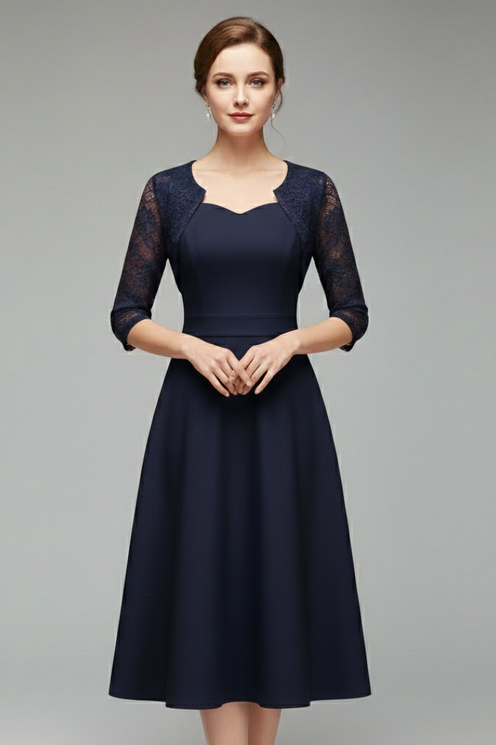 Women's Midi Dress with Lace Sleeves and Swing Skirt