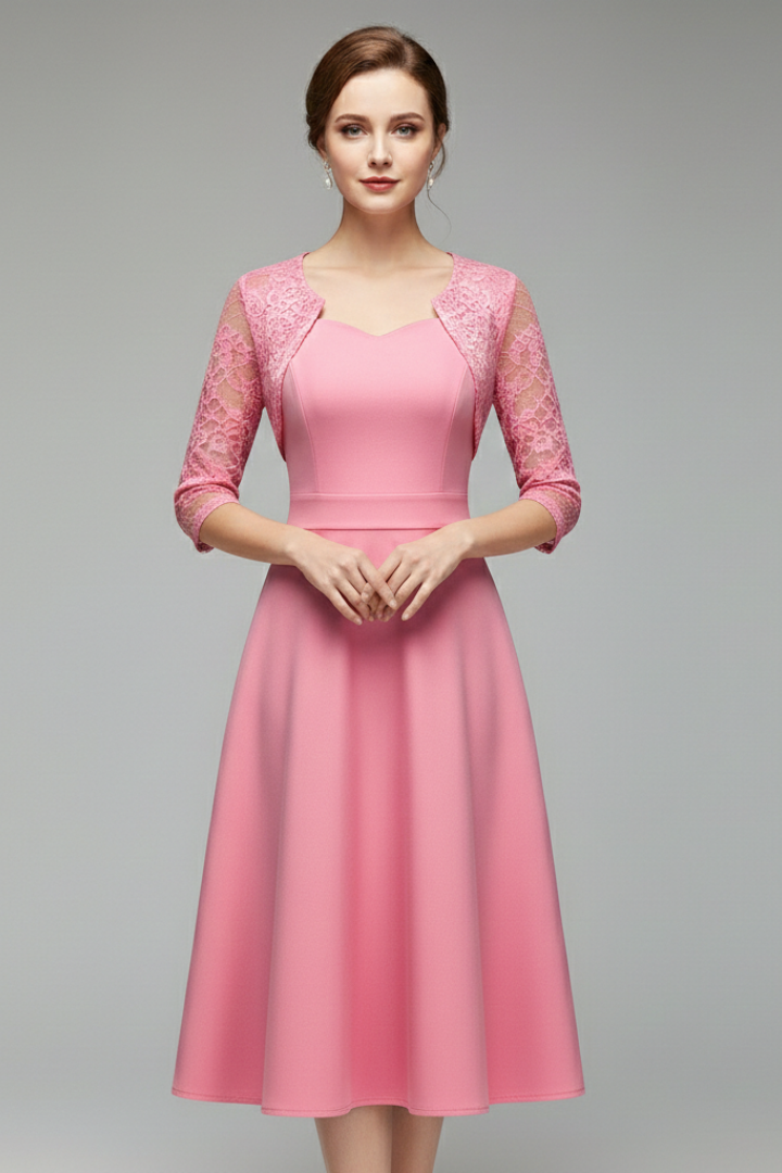 Women's Midi Dress with Lace Sleeves and Swing Skirt