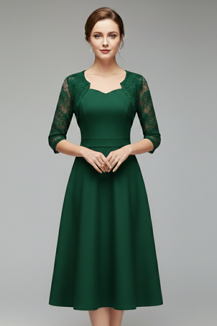 Women's Midi Dress with Lace Sleeves and Swing Skirt