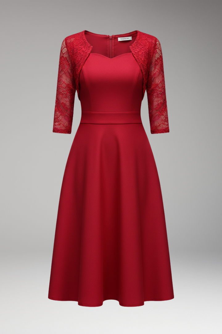 Women's Midi Dress with Lace Sleeves and Swing Skirt
