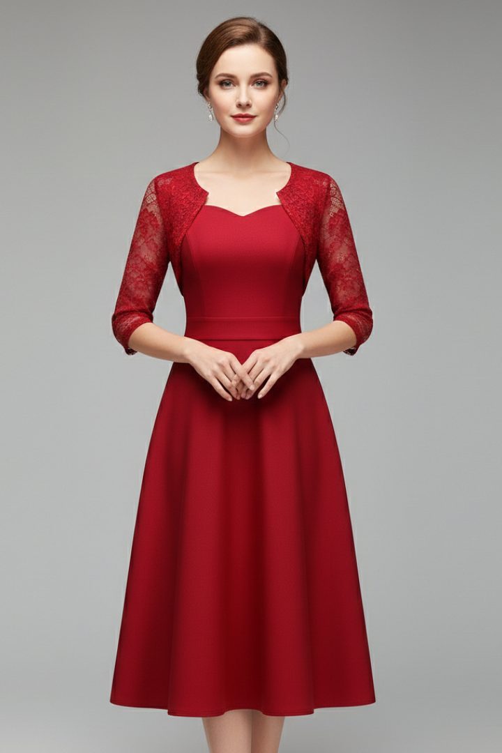 Women's Midi Dress with Lace Sleeves and Swing Skirt
