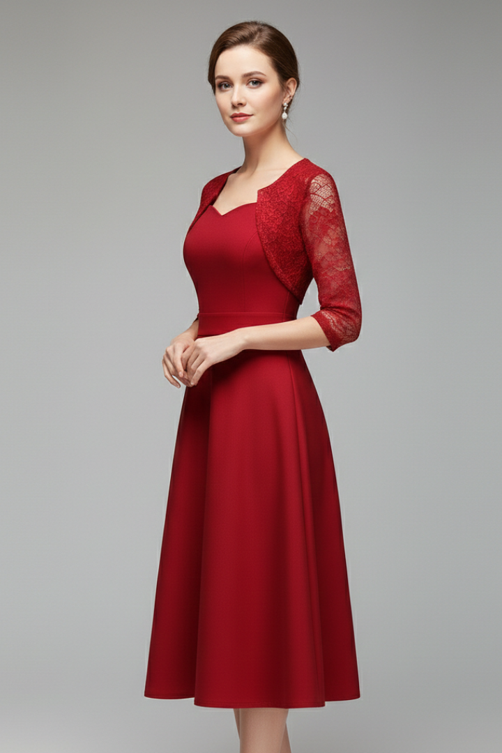 Women's Midi Dress with Lace Sleeves and Swing Skirt