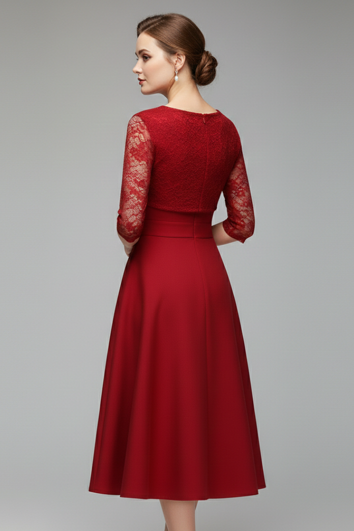 Women's Midi Dress with Lace Sleeves and Swing Skirt