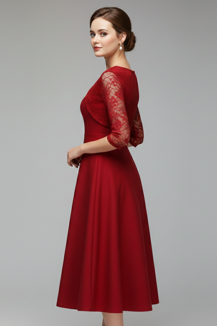 Women's Midi Dress with Lace Sleeves and Swing Skirt