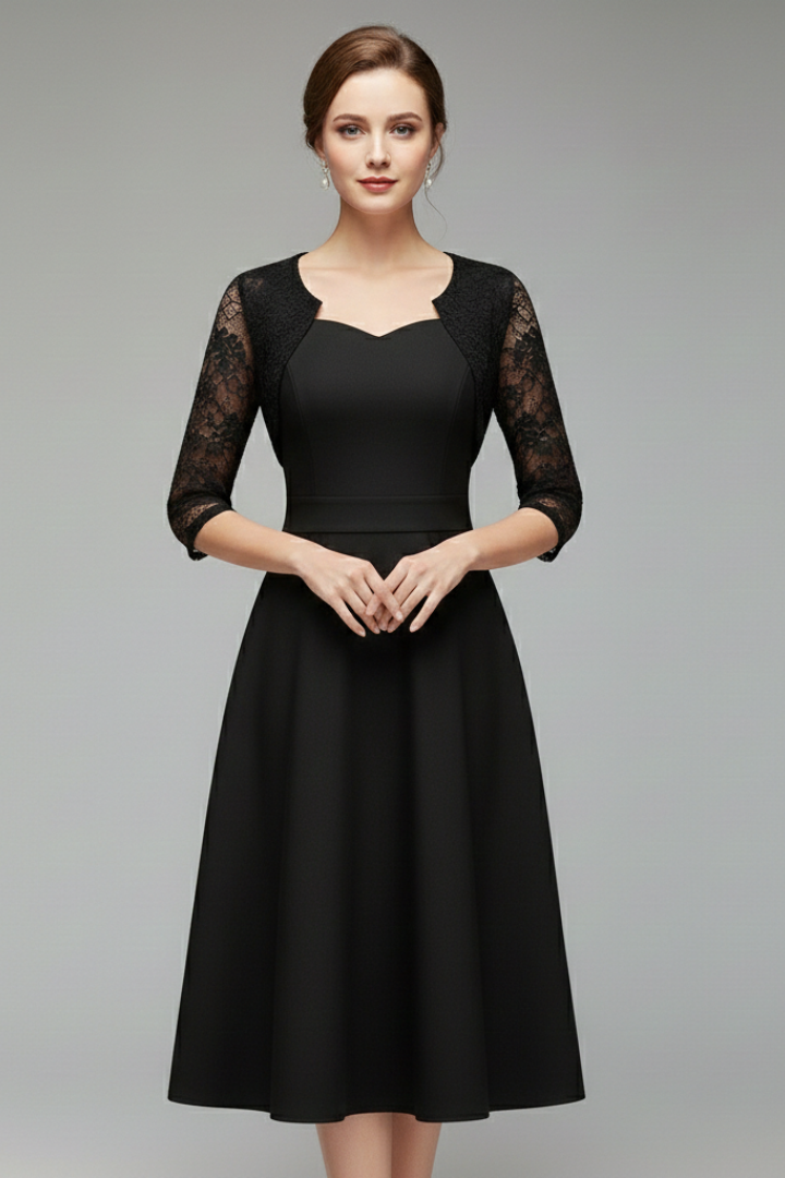 Women's Midi Dress with Lace Sleeves and Swing Skirt