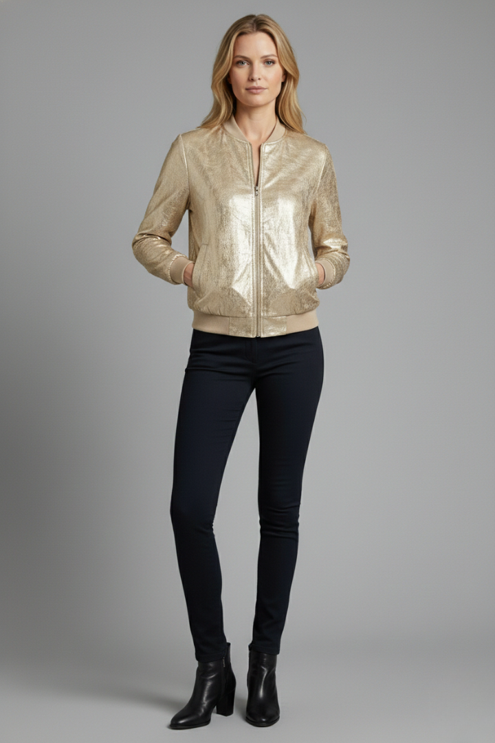 Women's Shiny Bomber Jacket with Elastic Cuffs and Side Pockets