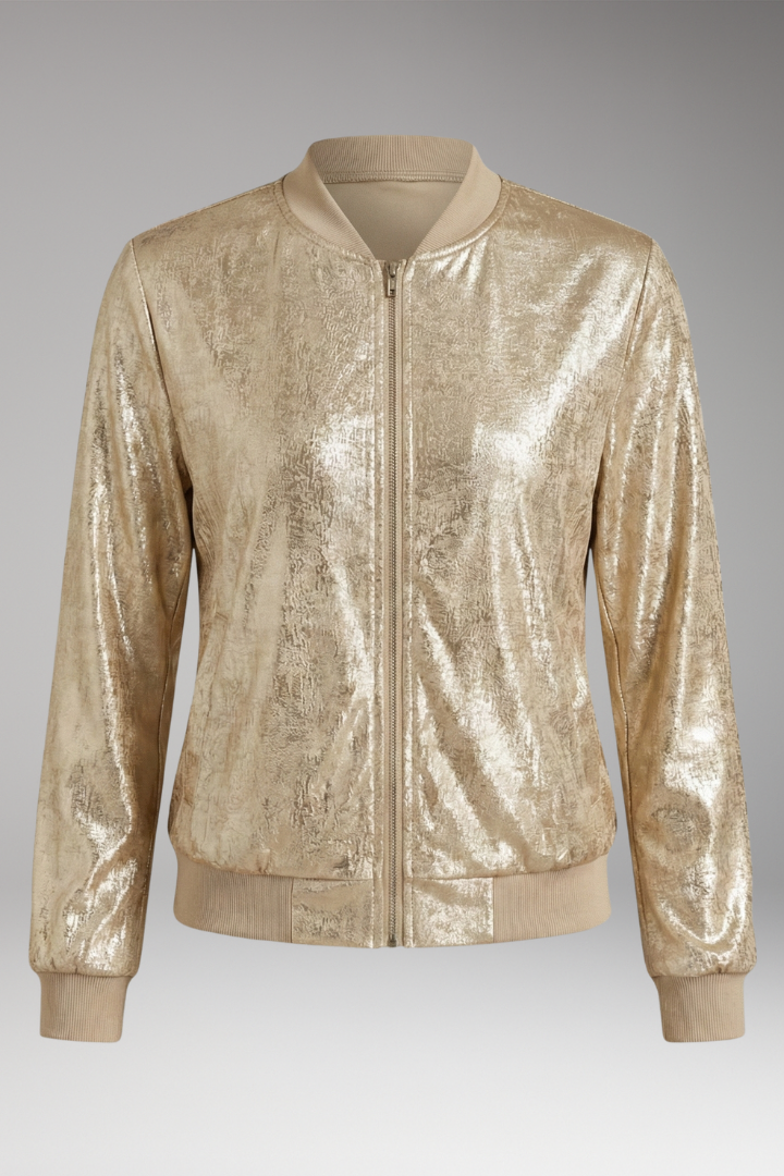 Women's Shiny Bomber Jacket with Elastic Cuffs and Side Pockets