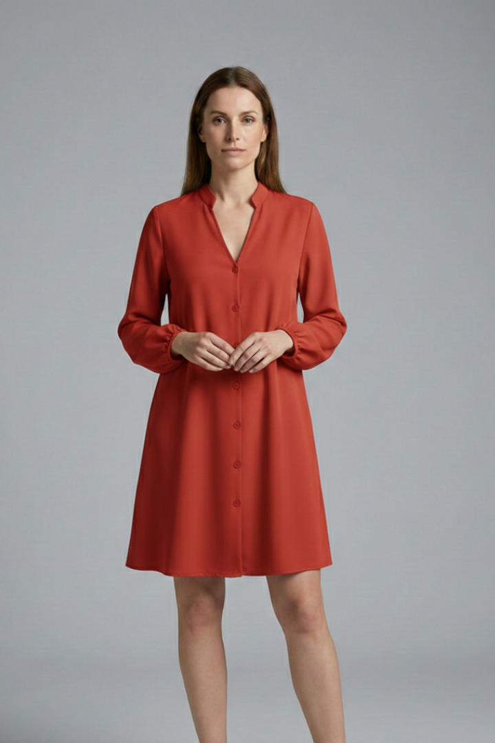 Women's Short Dress with Button Placket and Puff Sleeves
