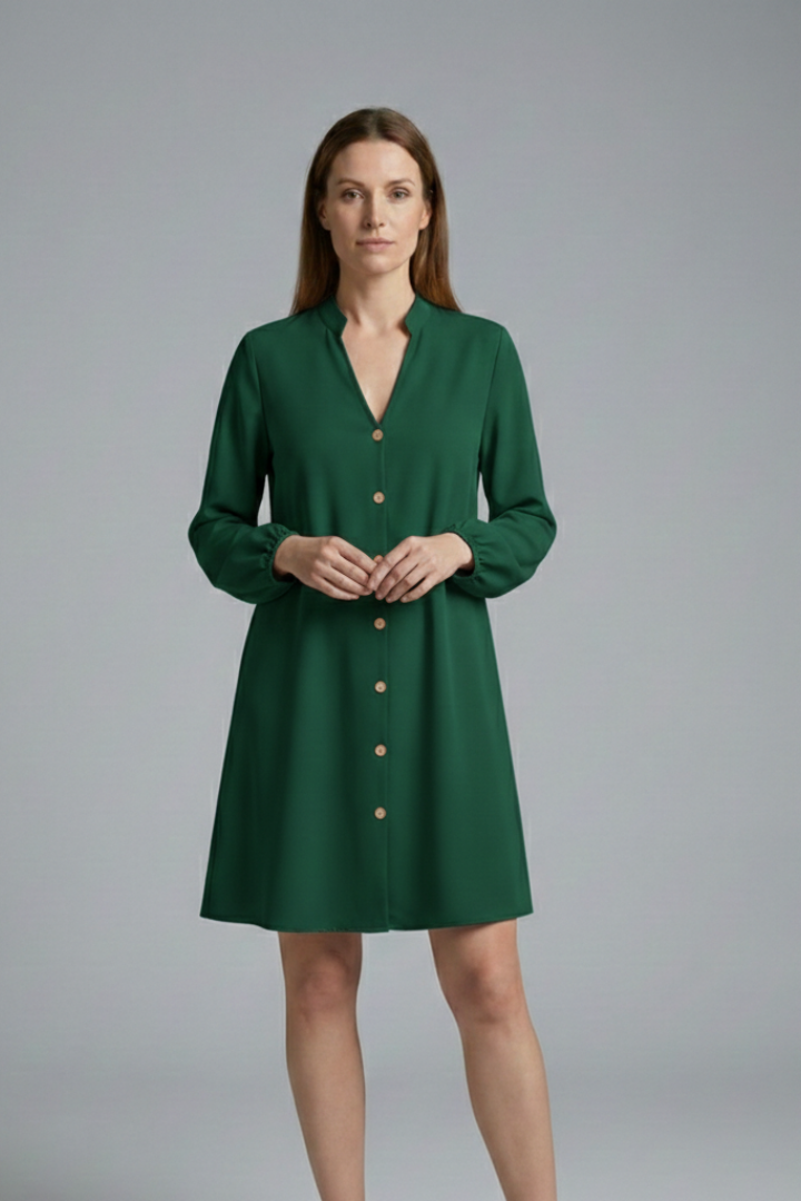 Women's Short Dress with Button Placket and Puff Sleeves