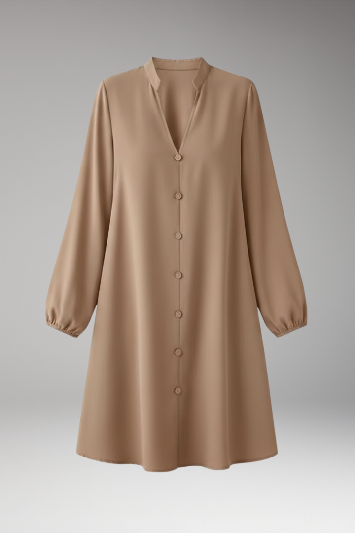 Women's Short Dress with Button Placket and Puff Sleeves