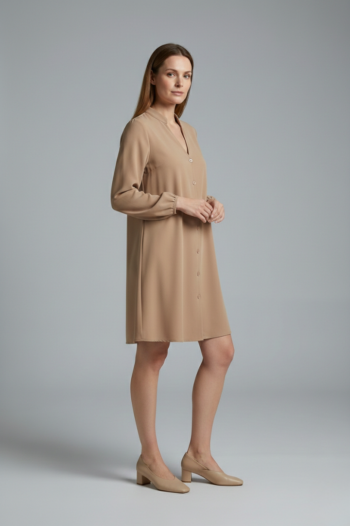 Women's Short Dress with Button Placket and Puff Sleeves