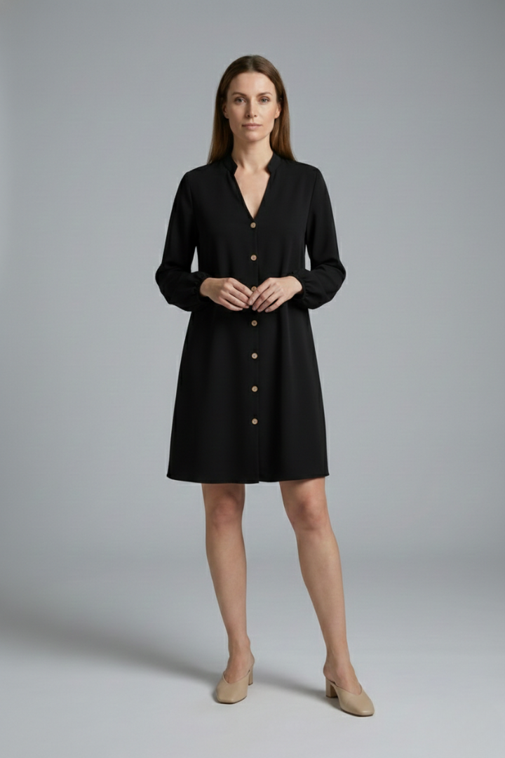 Women's Short Dress with Button Placket and Puff Sleeves