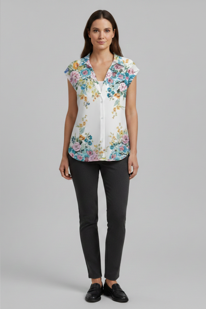 Women’s Summer Top with Collared Neckline and Button Fastening